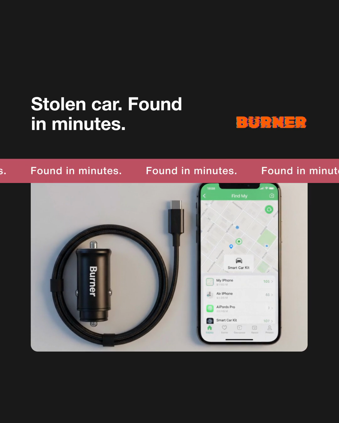 Burner GPS Tracking Facebook ad: $50 tracks your car if stolen.