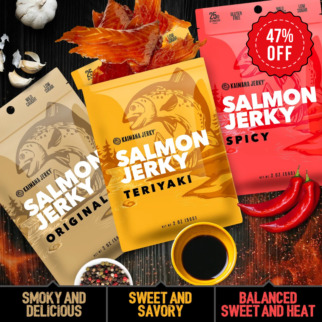 Kaimana Jerky Facebook ad: Sample our most popular Salmon Jerky flavors for…