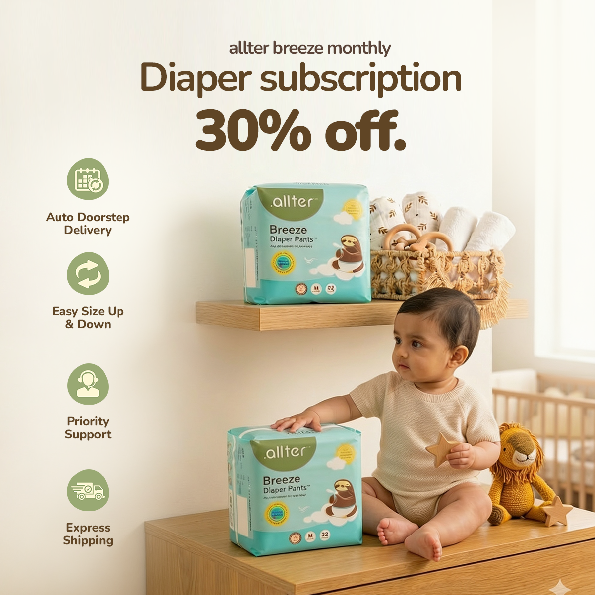Allter Facebook ad: Never Run Out of Diapers
