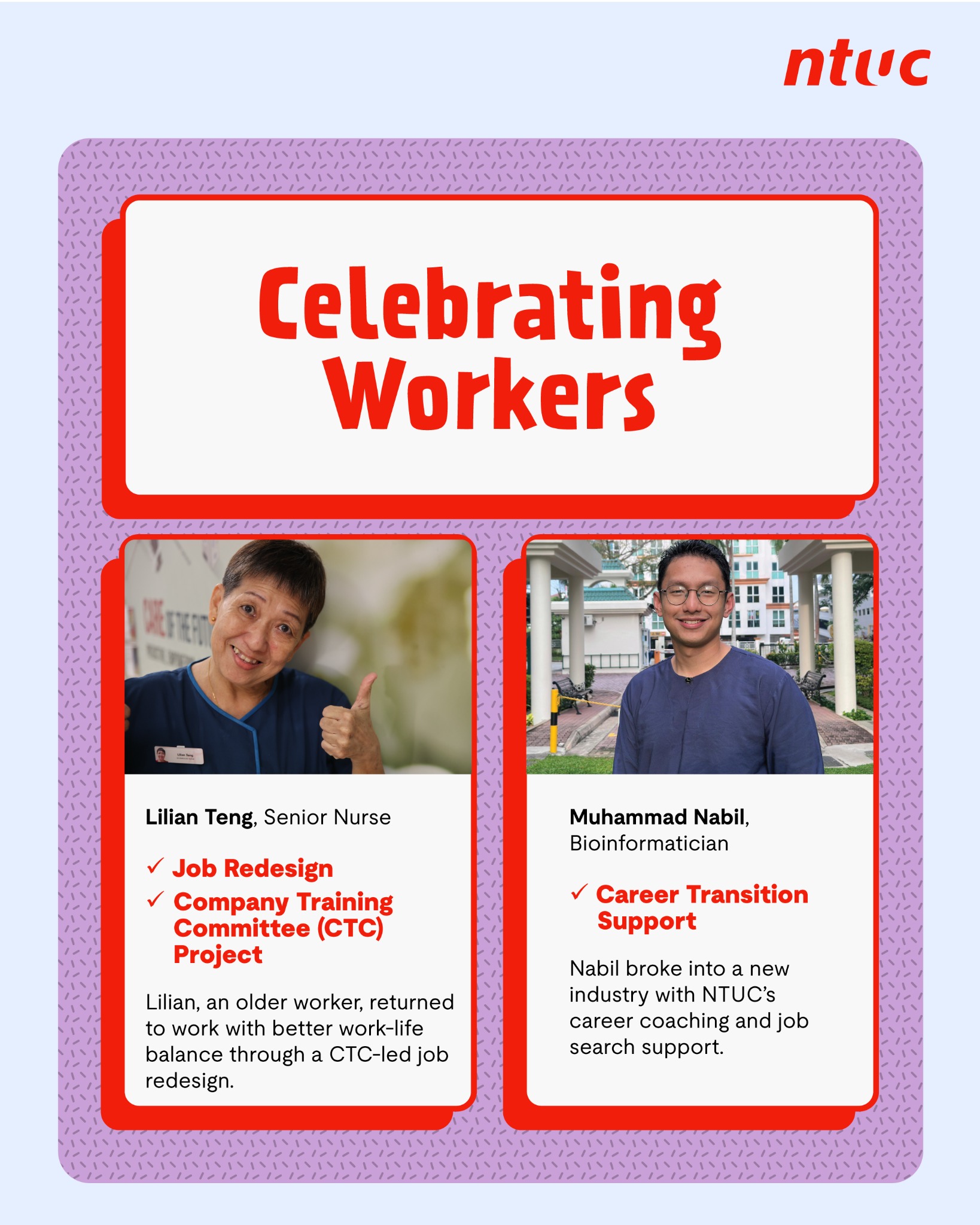 NTUC Singapore Facebook ad: NTUC supports all workers, from a senior nurse…