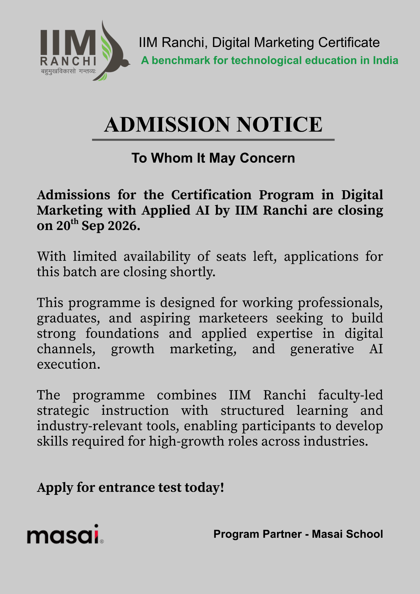 IIM Ranchi EEC Office Facebook ad: Applied AI for Digital Marketers