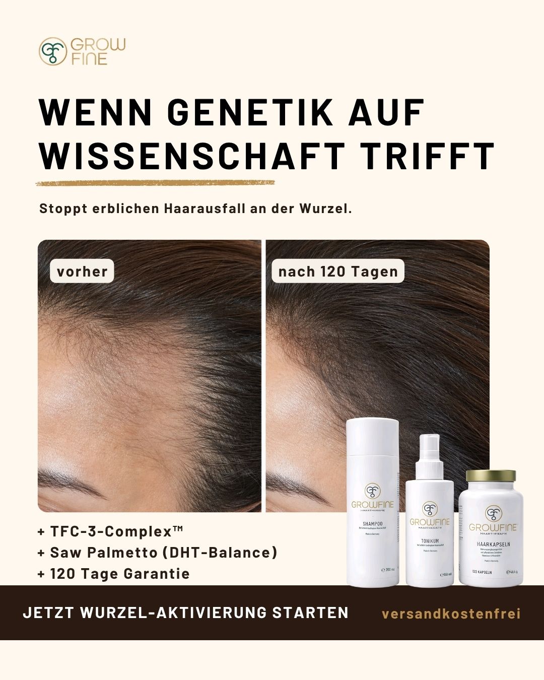 Growfine Facebook ad: Wenn Genetik auf Wissenschaft trifft.