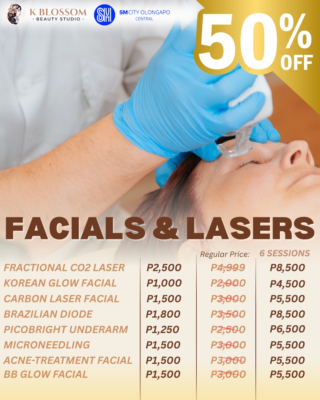 K Blossom Beauty Studio - SM Olongapo Central Facebook ad: 𝟓𝟎% 𝐎𝐅𝐅