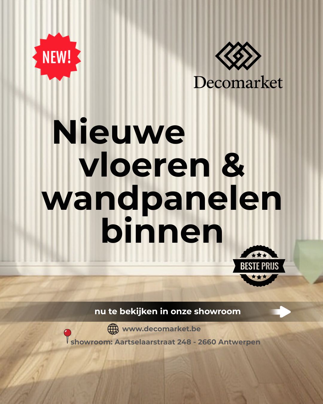 Decomarket.be Facebook ad: NIEUW BINNEN, VLOEREN & WANDPANELEN