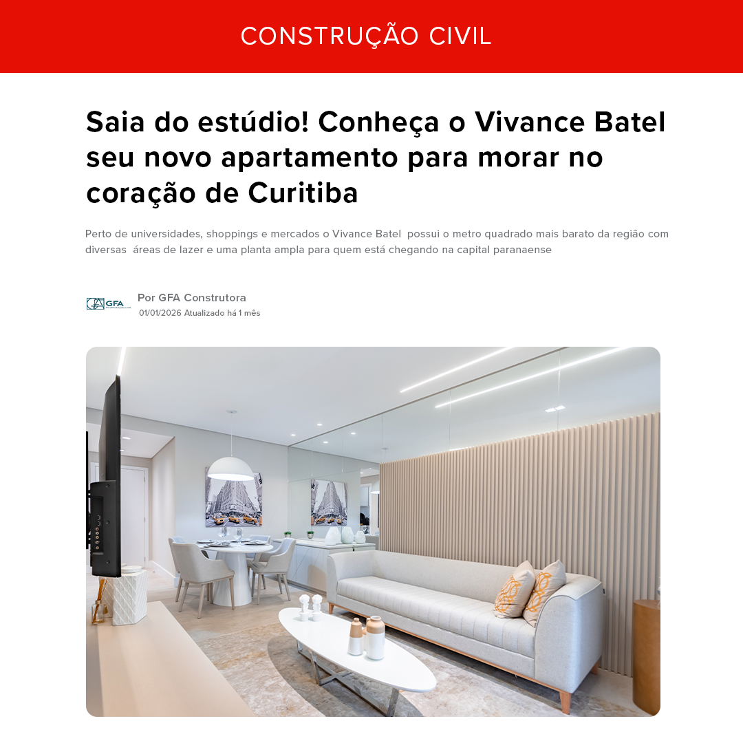 GFA Construtora e Incorporadora Facebook ad: Saia do estúdio: conheça o Vivance Batel