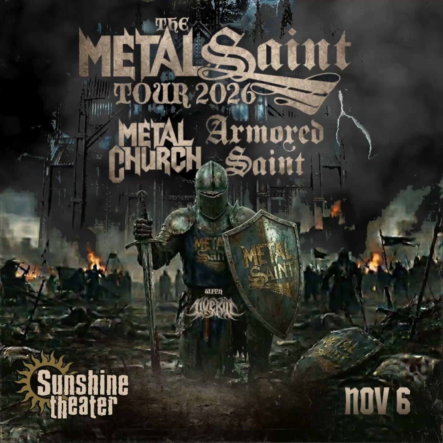 Sunshine Theater Facebook ad: Armored Saint * Metal Church - November 6, 2026 • 7:30 pm…