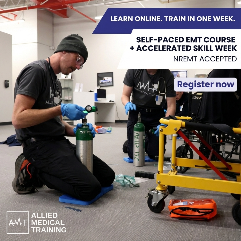 Allied Medical Training Facebook ad: Become a Certified EMT in Just One Skill-Week + Self-Paced…
