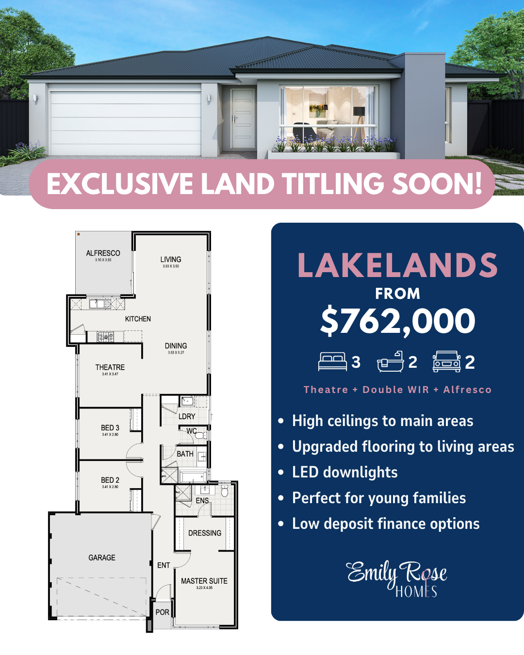 Emily Rose Homes Facebook ad: Exclusive land available and titling soon!