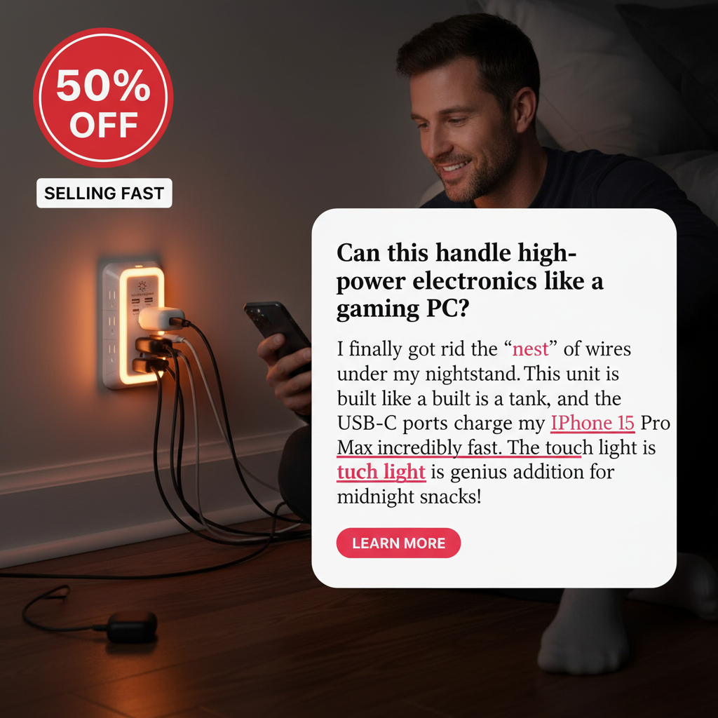 Jennie's Essential Select Facebook ad: Aless 10-in-1 ETL-Certified Surge Protector Power Outlet