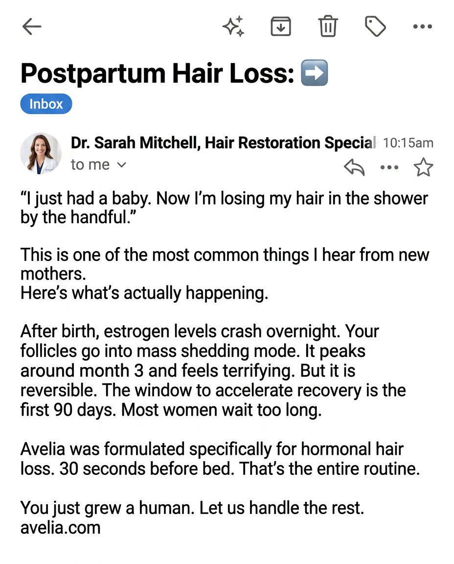Avelia Care Facebook ad: Postpartum hair loss is temporary, if you act fast enough