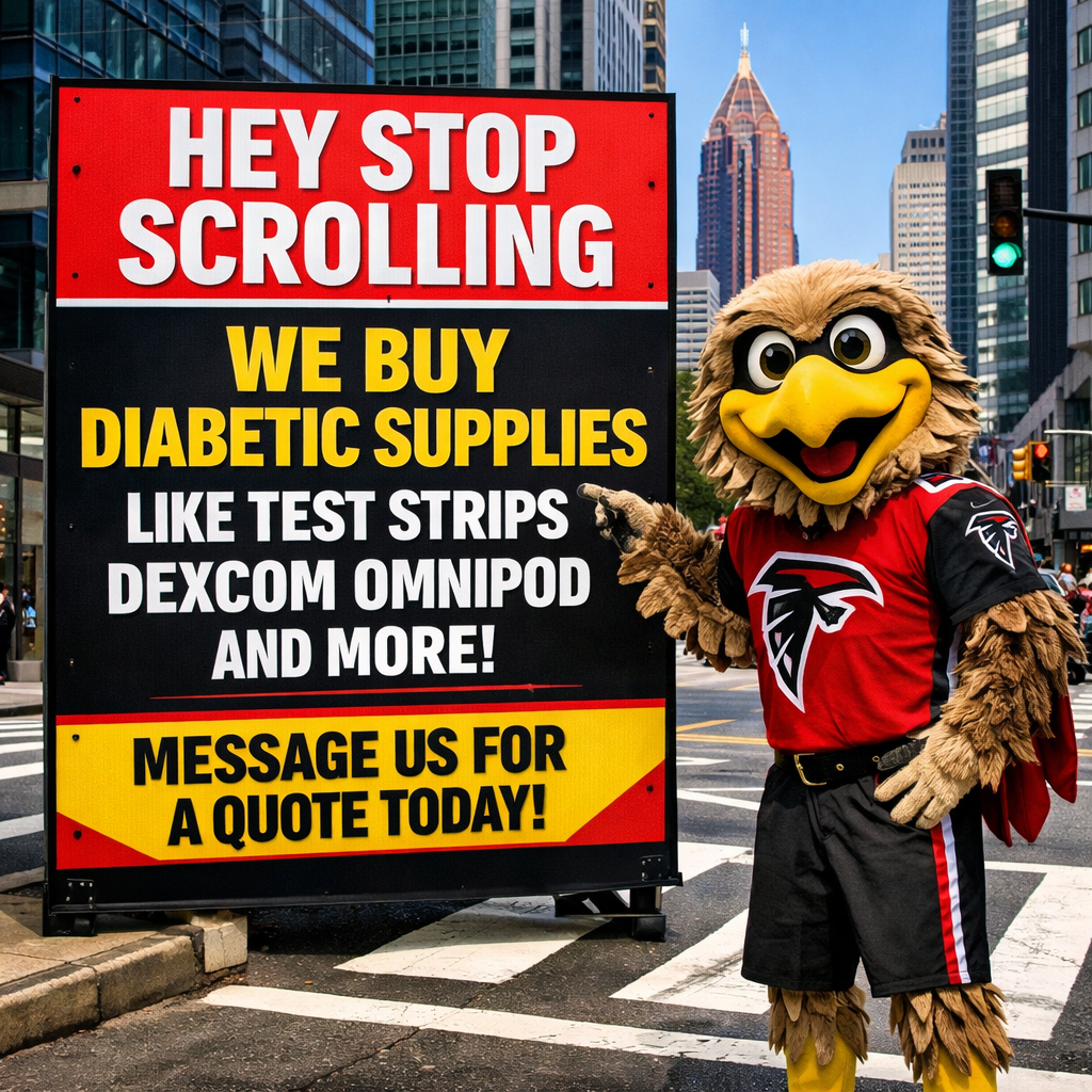 Test Strip Traders Facebook ad: Hey Falcons Fans! Sell Your Diabetic Supplies Today!