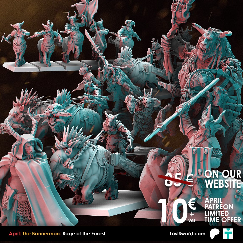 Last Sword Miniatures Facebook ad: April Release: The Bannerman: Rage of the Forest