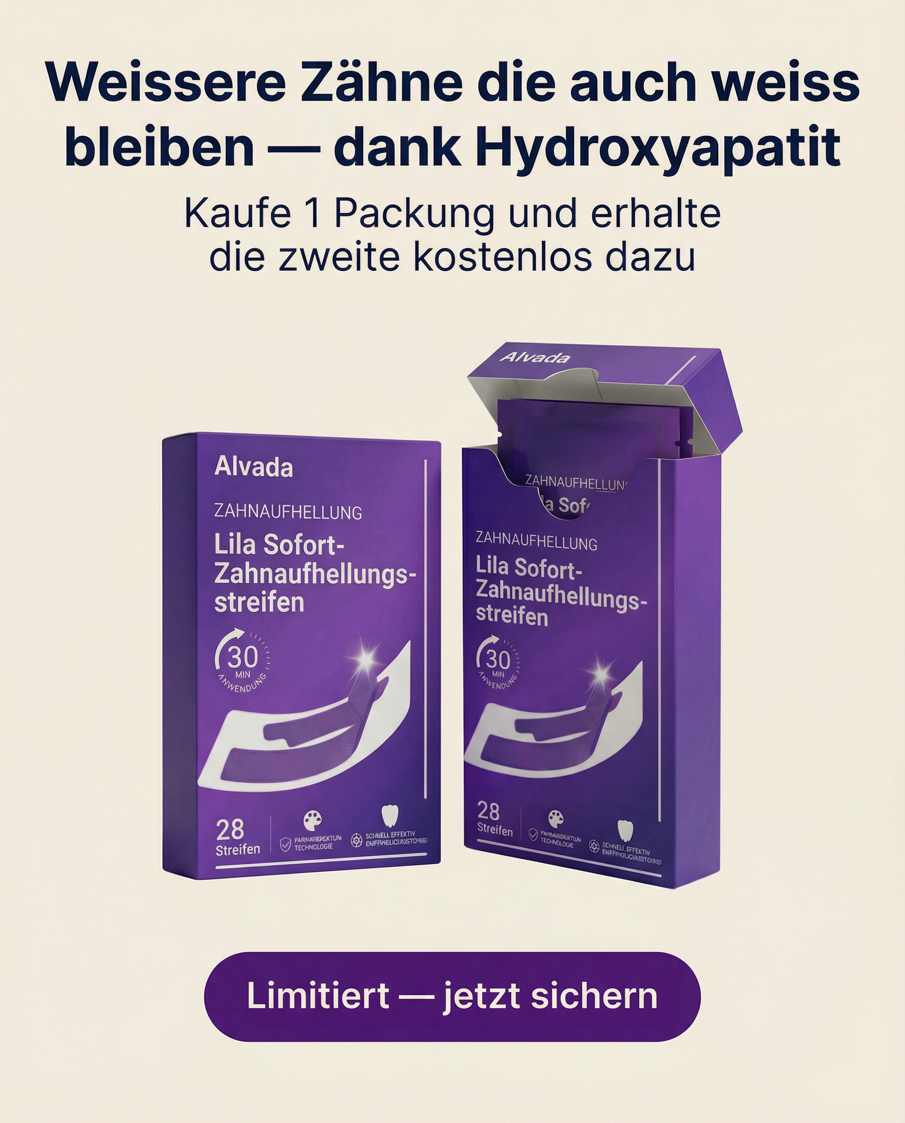 Alvada.ch Facebook ad: Weissere Zähne in 30 Minuten