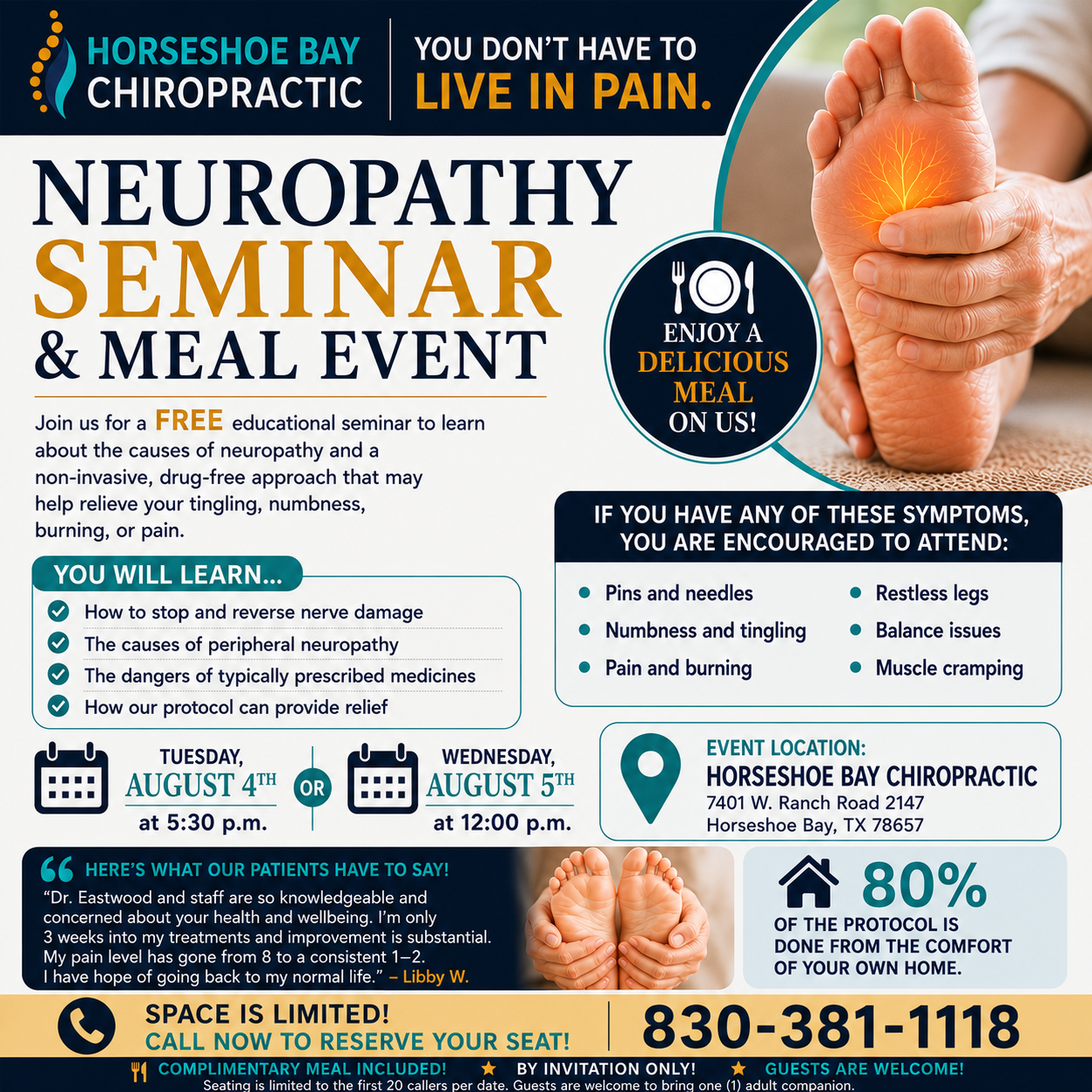 Horseshoe Bay Chiropractic Facebook ad: FREE Neuropathy Seminar & Dinner/Lunch - August 4th or 5th