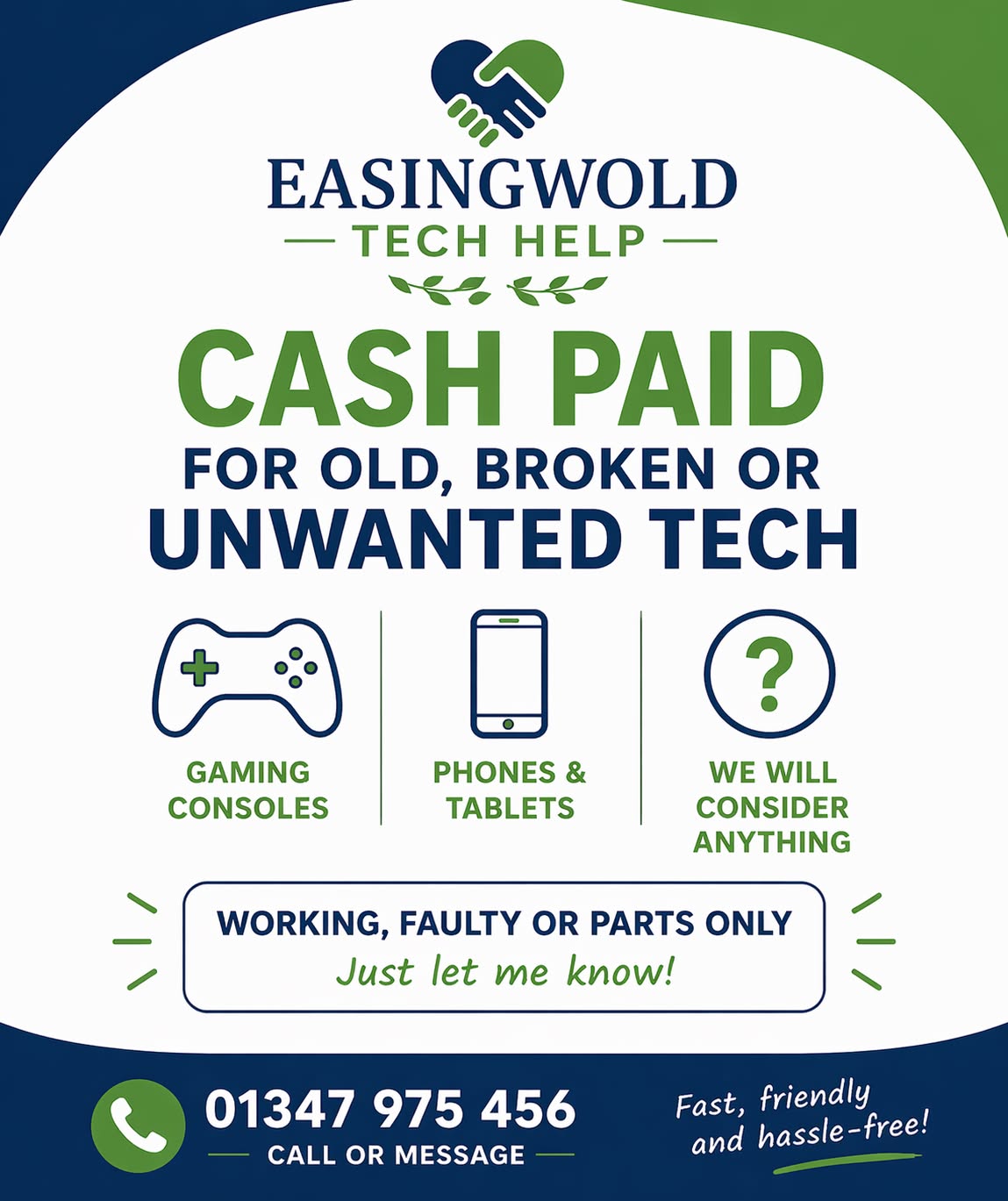 Easingwold Tech Help Facebook ad: Cash Paid for Old & Unwanted Tech