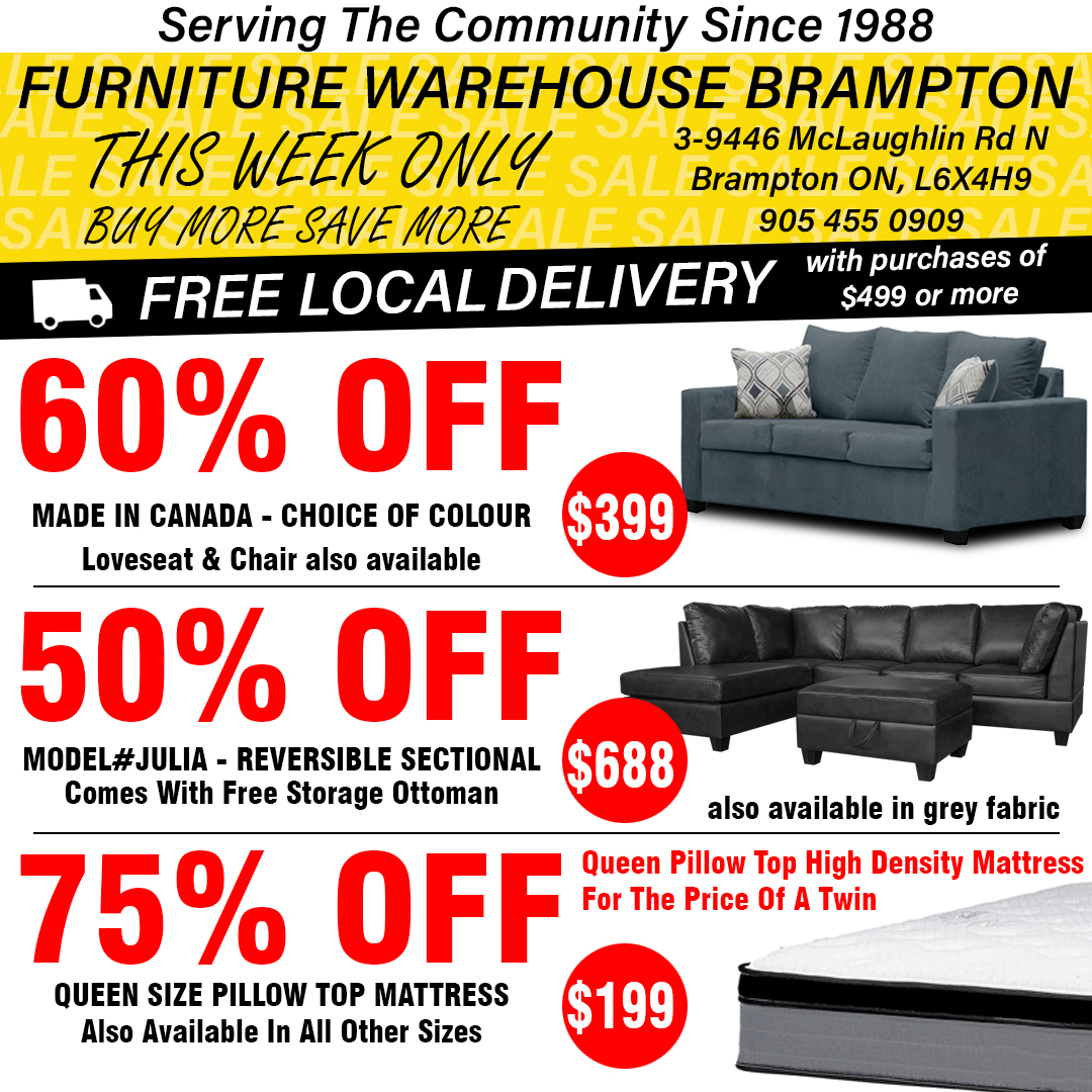 Furniture Warehouse Brampton Facebook ad: Hello Ontario do not miss out on our…