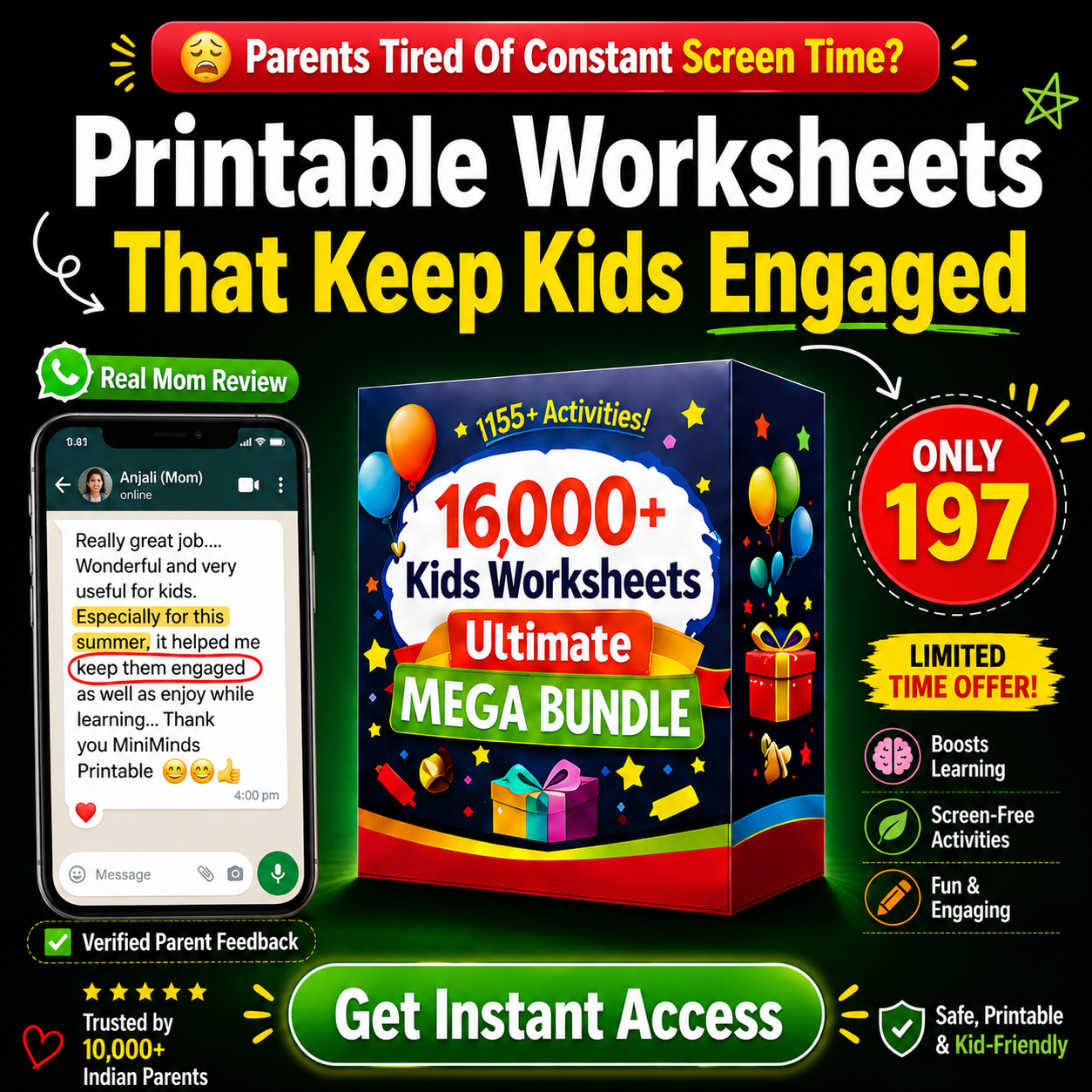 MiniMinds Printables Facebook ad: Today Only @197 16,000+ Printable Worksheets for Kids Now…