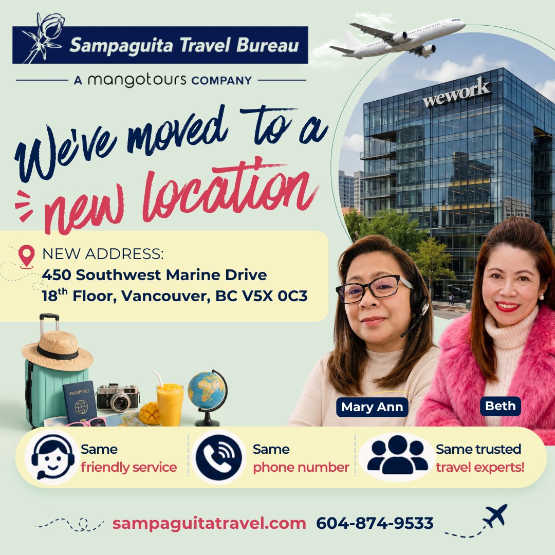 Sampaguita Travel Facebook ad: WE'VE MOVED! Visit Sampaguita Travel at our new…