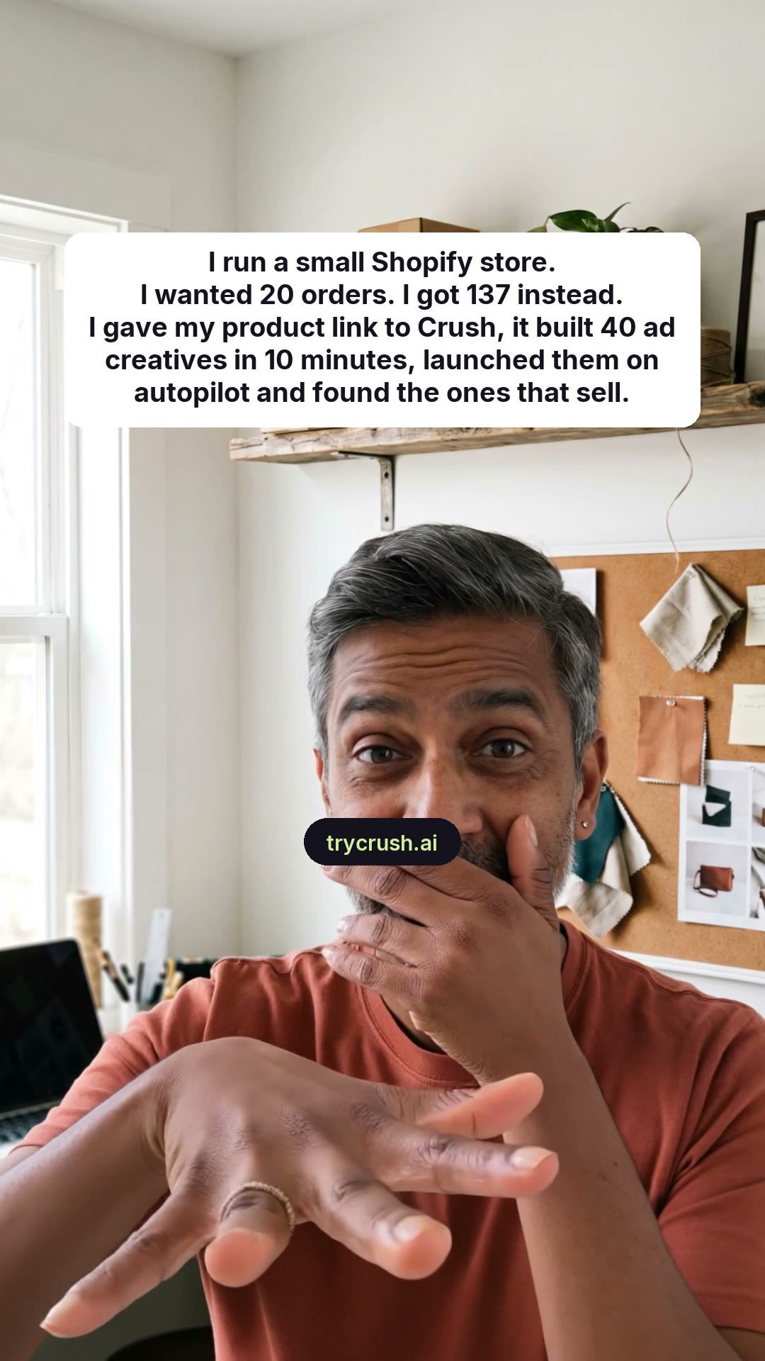 trycrush.ai Facebook ad: From product link to selling ads
