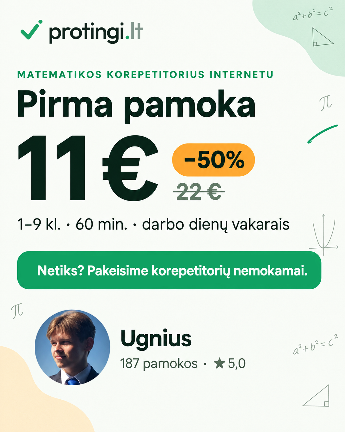 Protingi.lt - Korepetitoriai Facebook ad: Matematika 1-9 kl. internetu