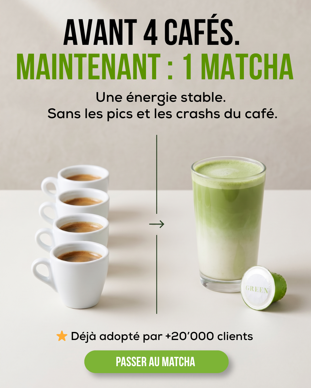 Green Facebook ad: CAPSULES DE MATCHA CÉRÉMONIE BIO
