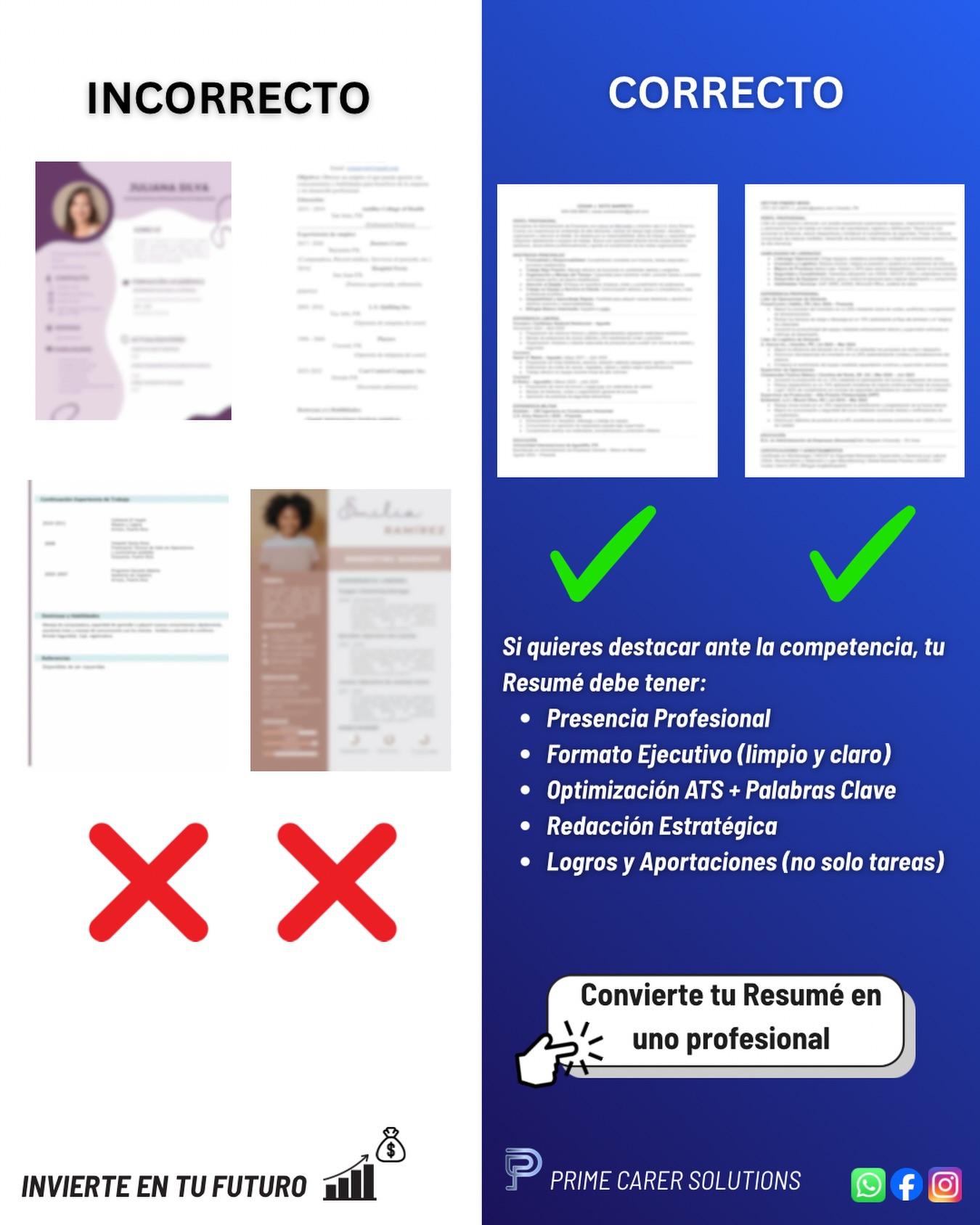 Prime Career Solutions Facebook ad: Tu resumé está decidiendo por ti.