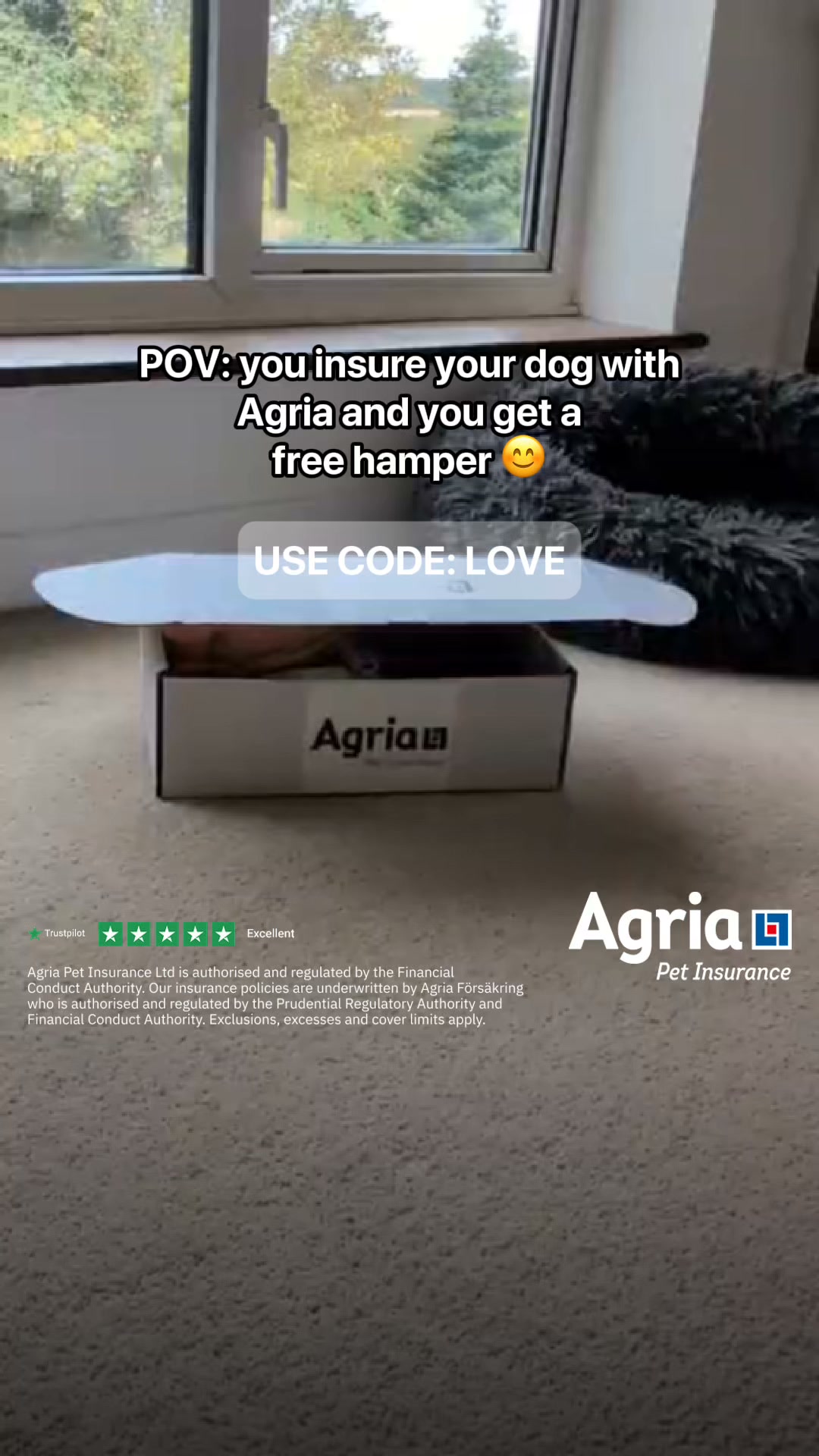 Agria Pet Insurance Facebook ad: Use code LOVE for a FREE luxury hamper.