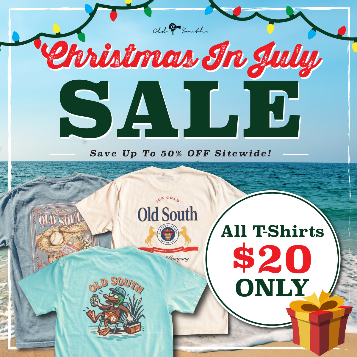 Old South Apparel Facebook ad: UP TO 50% OFF. Christmas in July Sale!