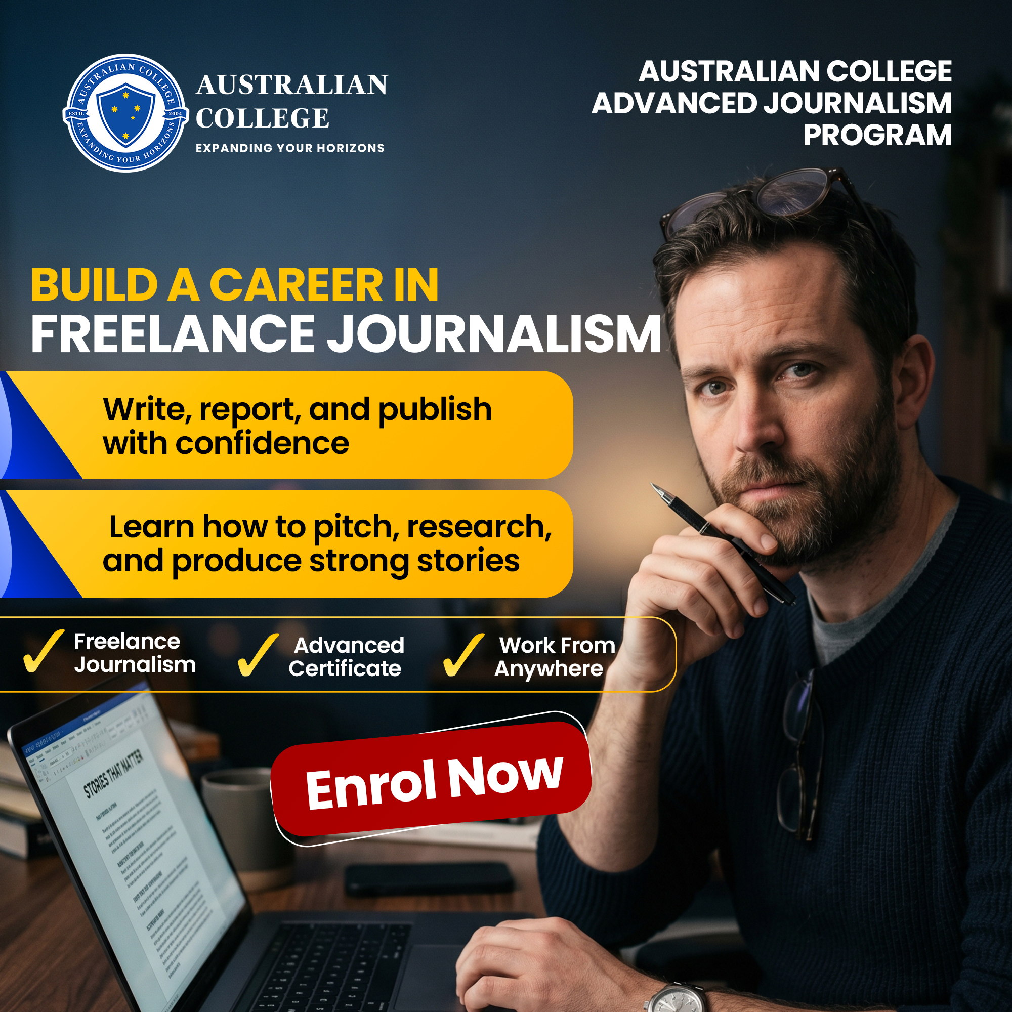 Australian College Facebook ad: Work From Anywhere as a Freelance Journalist