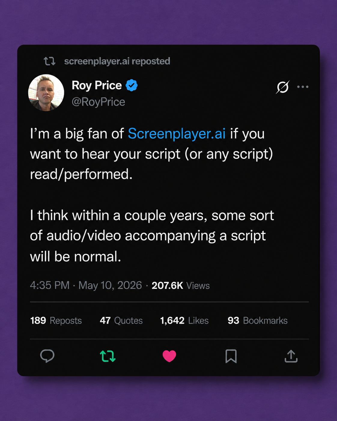 Screenplayer Facebook ad: Listen to any screenplay, in minutes.
