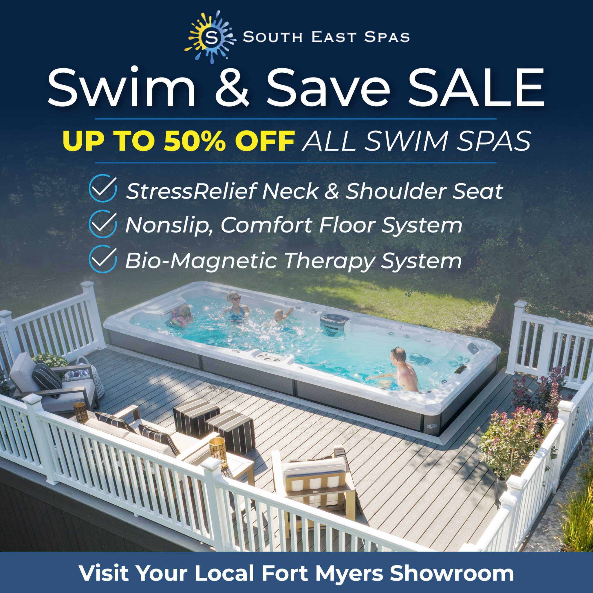 South East Spas Fort Myers Facebook ad: Save Up to 50% Off Swim Spas!