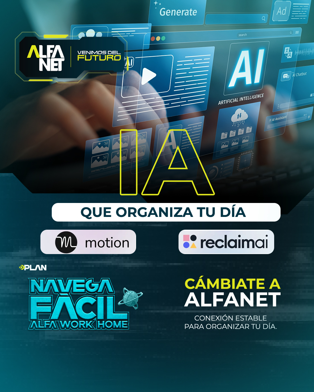 Alfanet Ecuador Facebook ad: La combinación de IA con nuestro plan Navega…