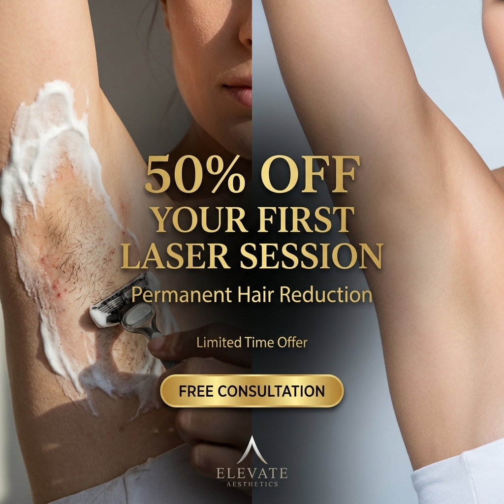 Elevate Aesthetics Facebook ad: 50% OFF Your First Laser Session