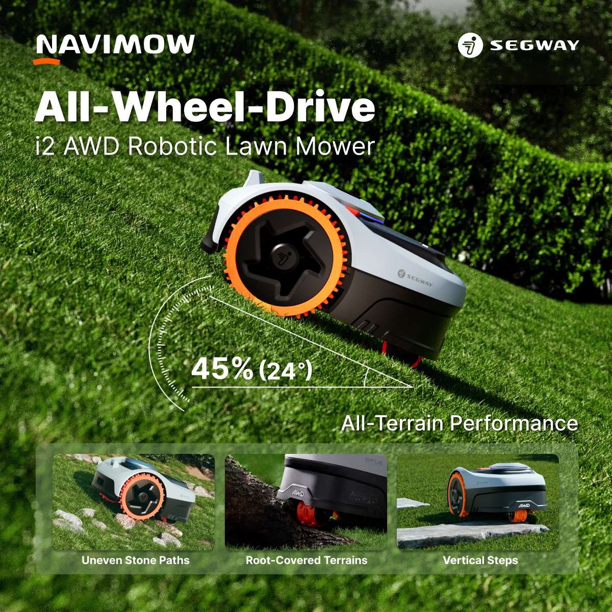 Segway Navimow Facebook ad: Navimow i2 AWD Robotic Lawn Mower - Master the Rough. Turn…