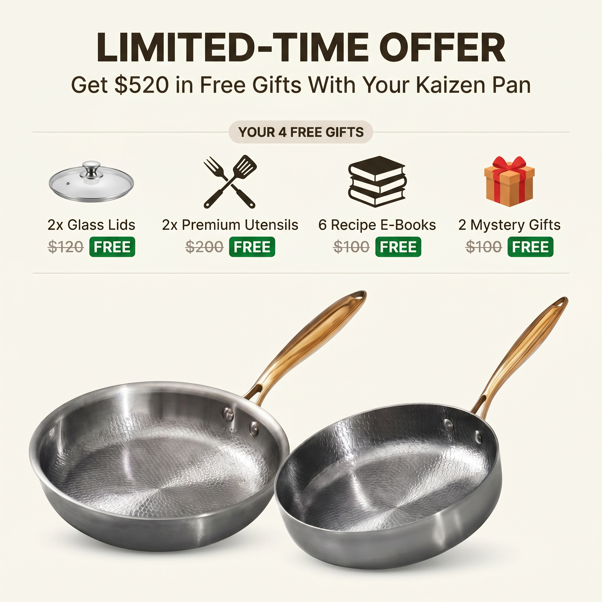 Kaizen Cookware Facebook ad: Get $520 in Free Gifts With Your Kaizen Pan