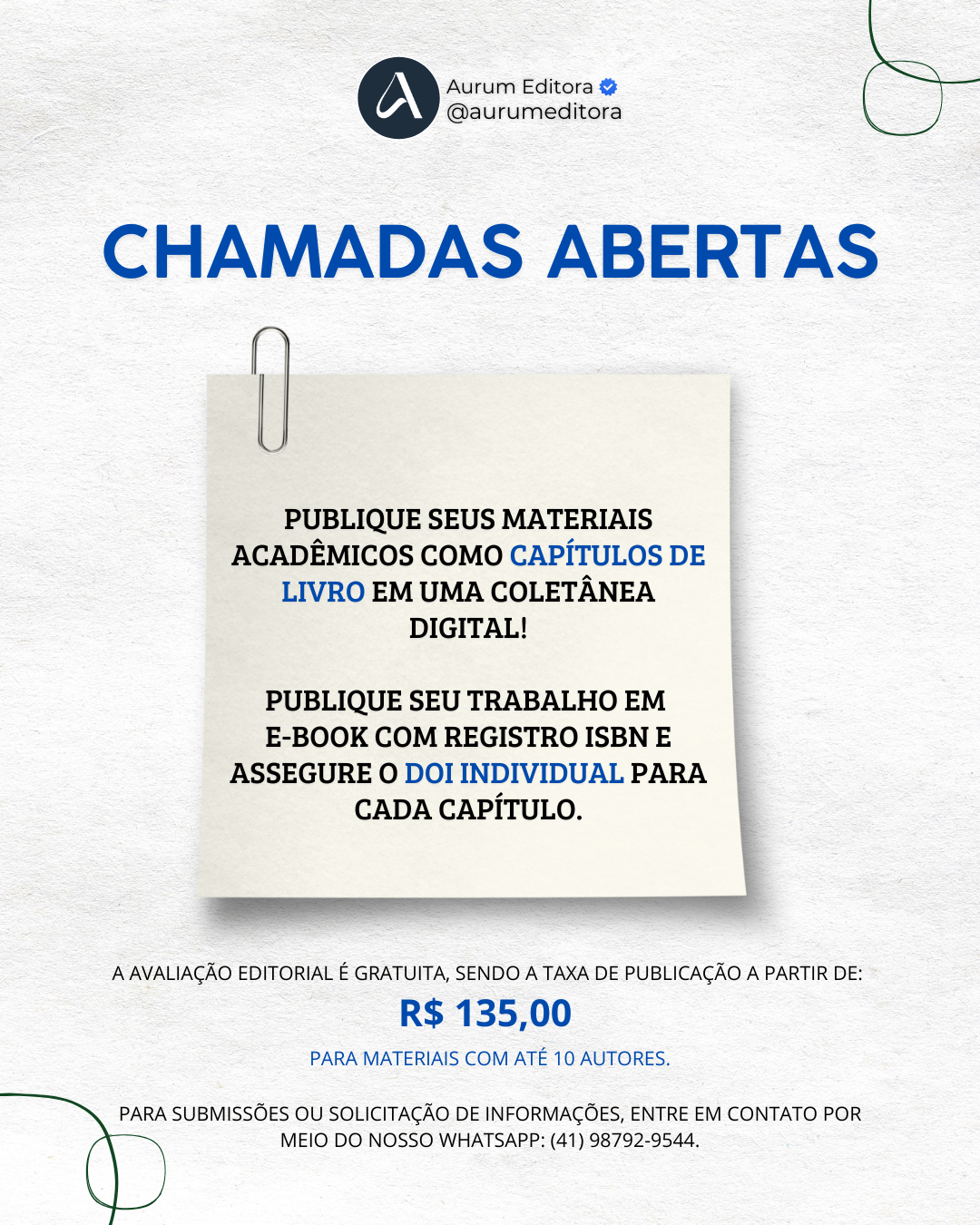 Aurum Editora Facebook ad: Submeta seus materiais!