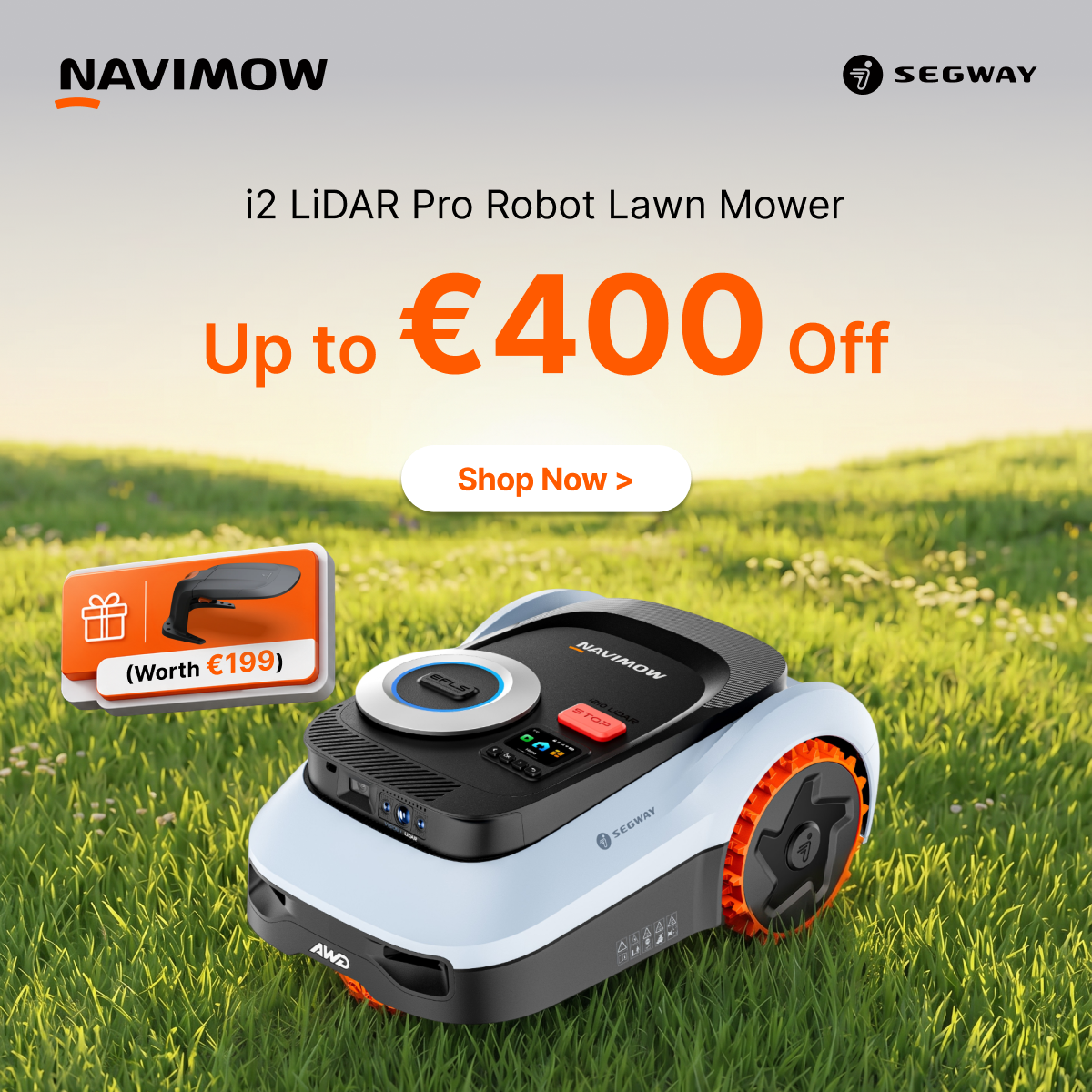 Segway Navimow Nordics Facebook ad: Navimow i2 LiDAR Pro | Up to €400 OFF + FREE Garage