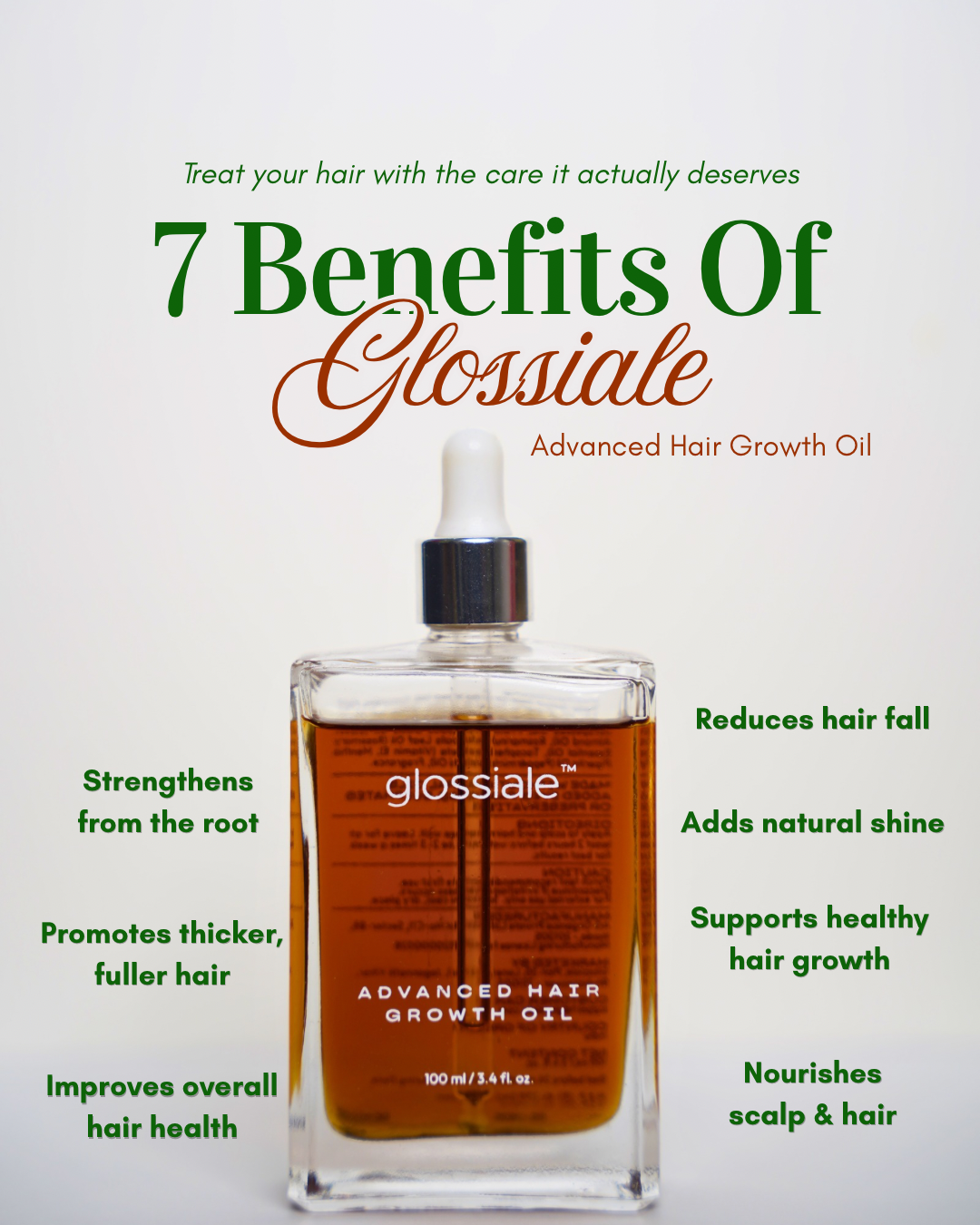 Glossiale Facebook ad: 7 Benefits. One Advanced Hair Oil.