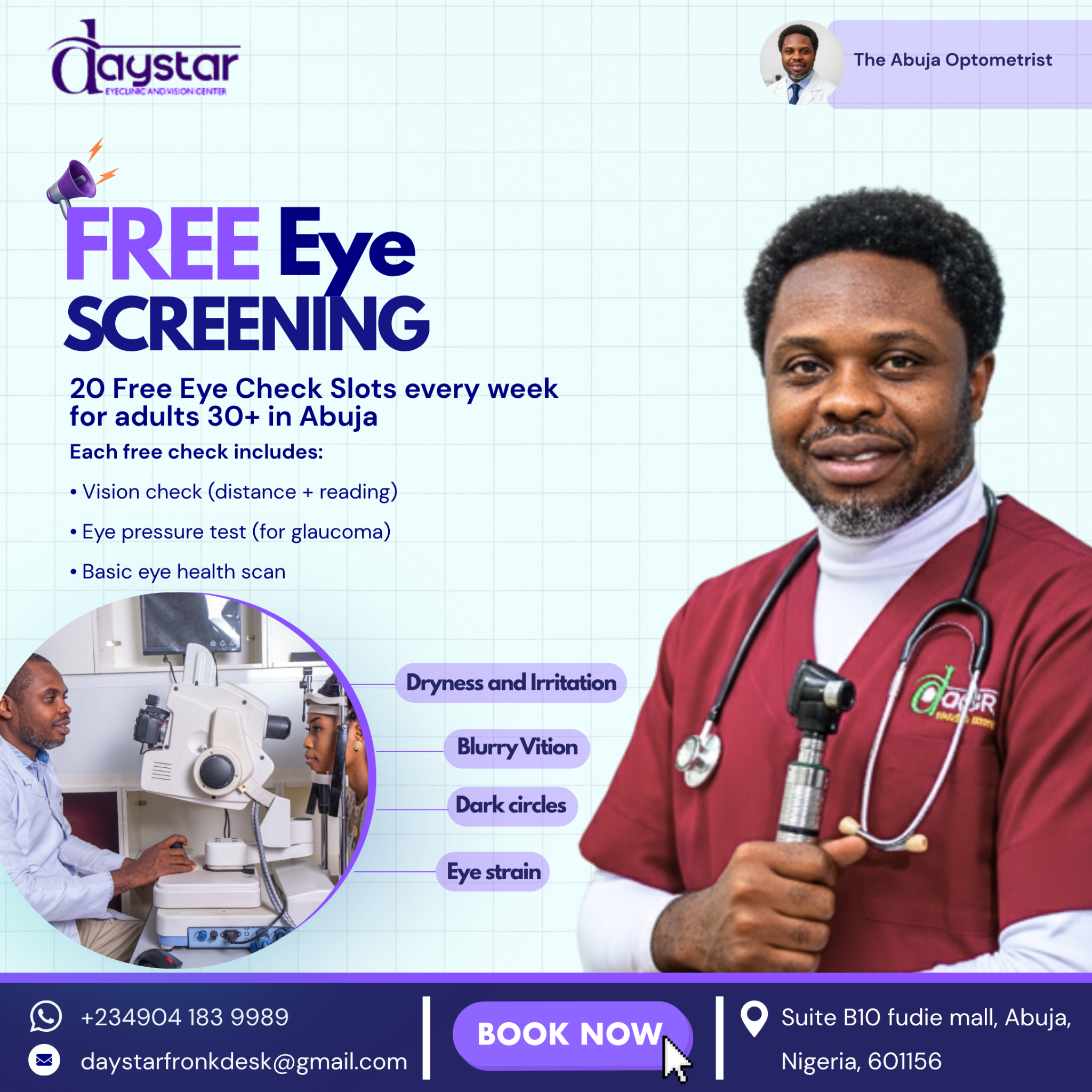 The Abuja Optometrist Facebook ad: FREE EyeTest - Only 20 Slots Available This Week