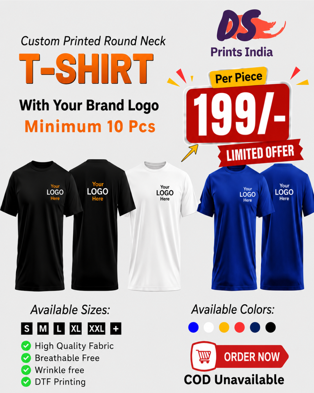 DS Prints India Facebook ad: Custom Logo T-Shirts @ ₹199/Piece