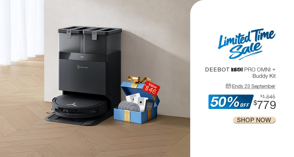 ECOVACS ROBOTICS Facebook ad: A robot that just… fits into your day. The DEEBOT T50 PRO…
