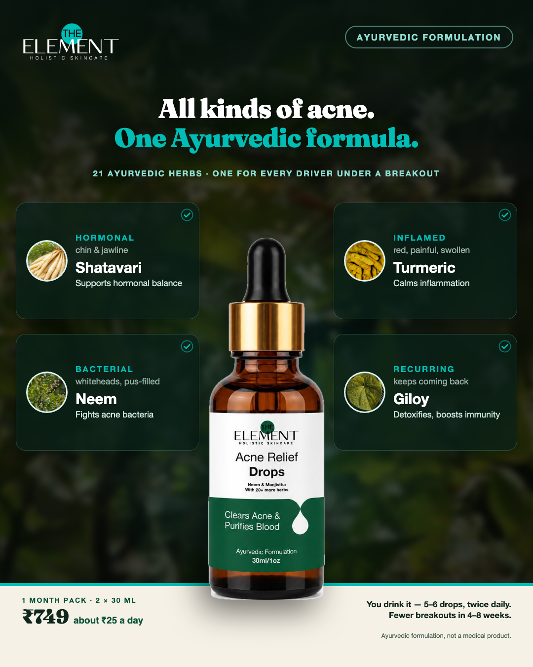 The Element Facebook ad: All kinds of acne. One Ayurvedic formula.
