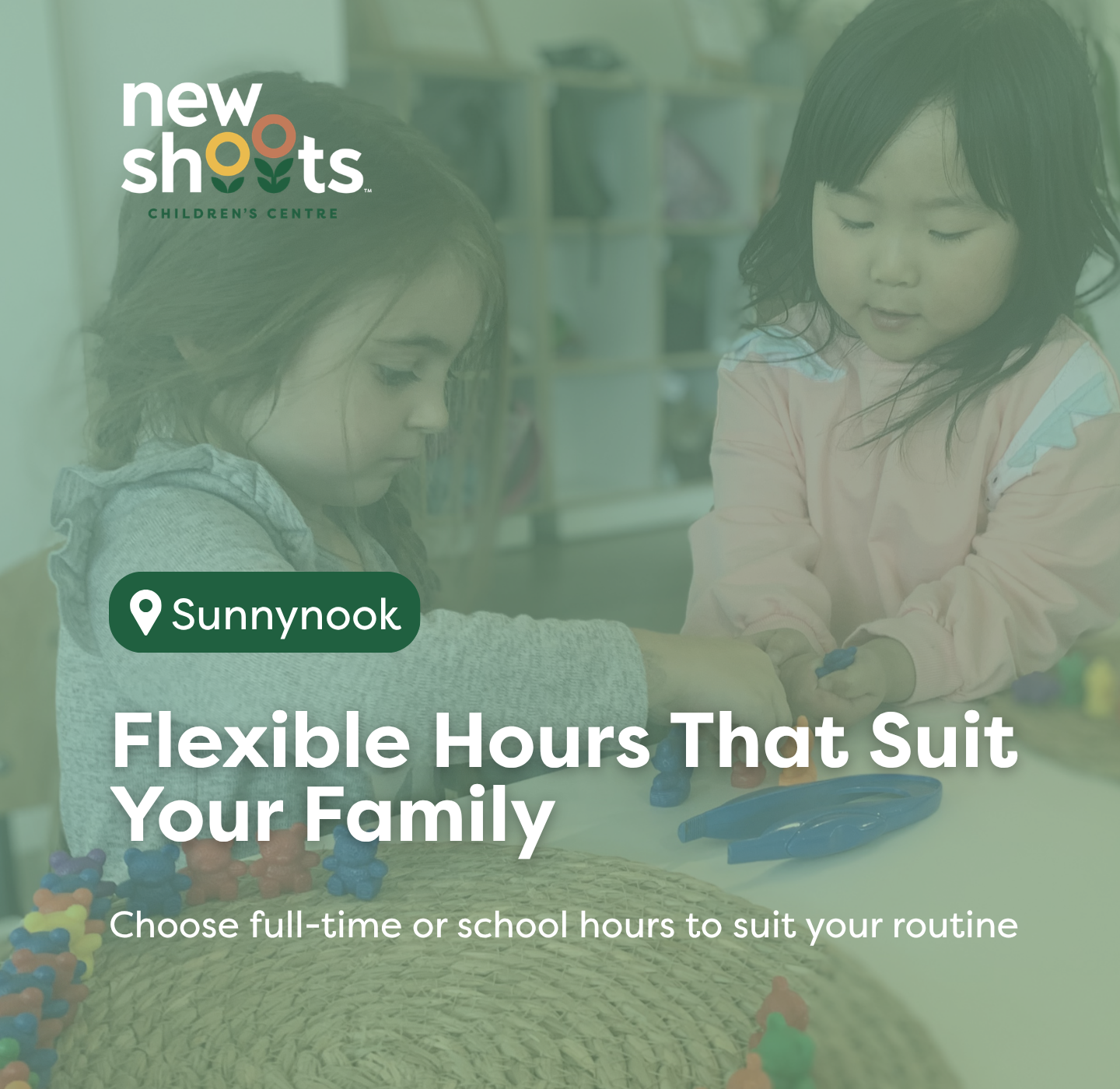 New Shoots Children's Centres Facebook ad: At New Shoots Sunnynook, tamariki learn and grow…