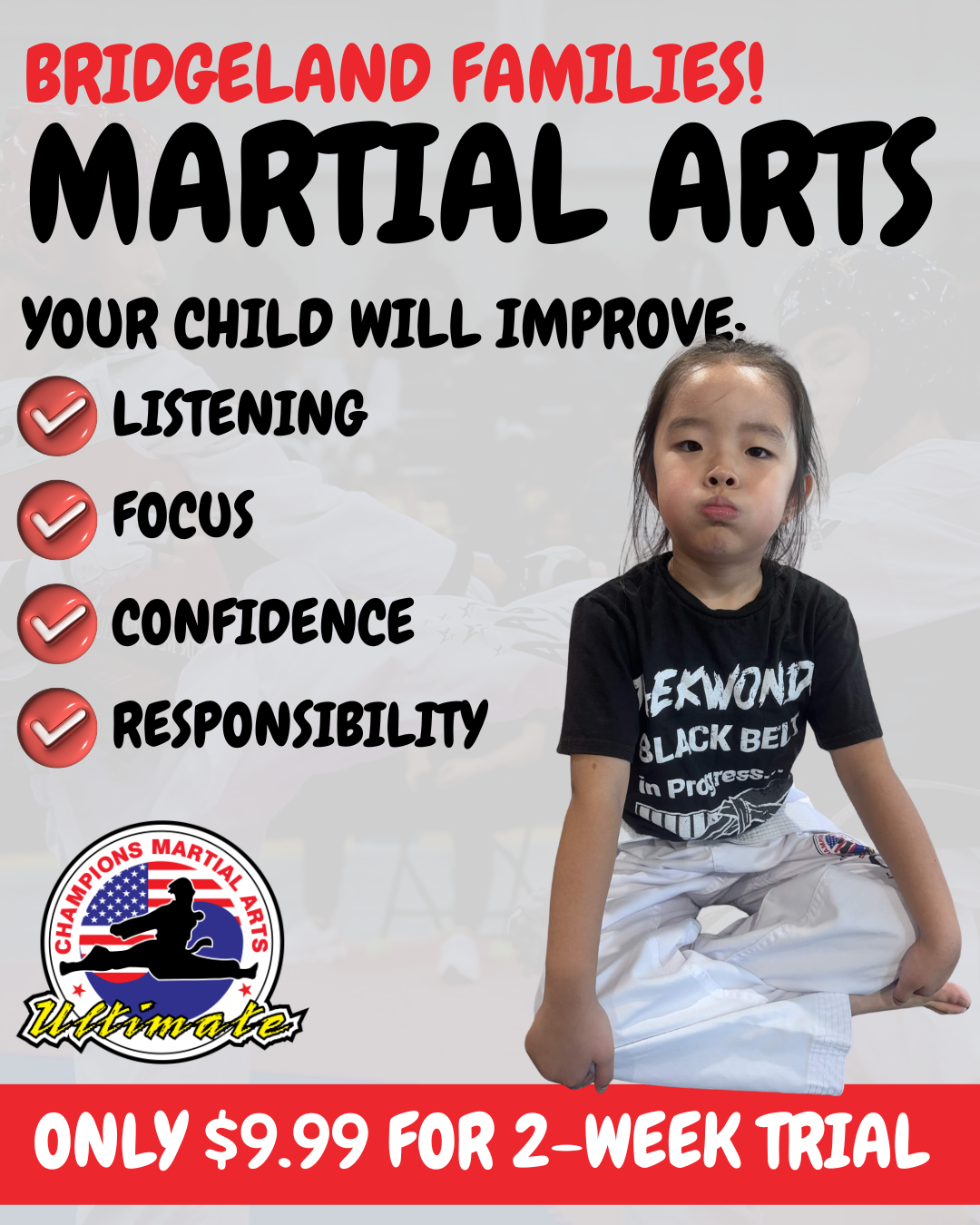 Champions Martial Arts Bridgeland Facebook ad from May 15, 2026