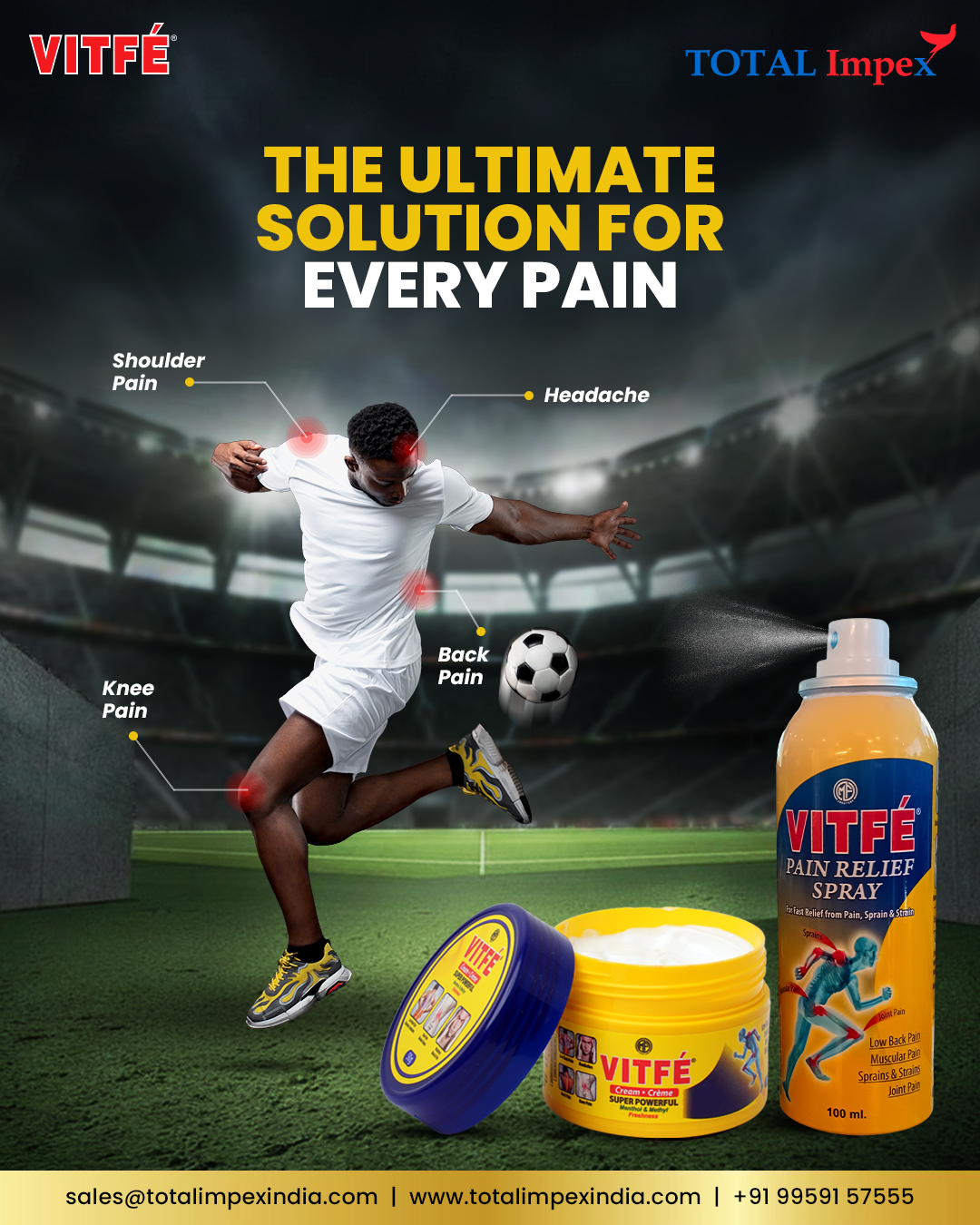 Total Impex India Facebook ad: Pain. Spray. Play on.