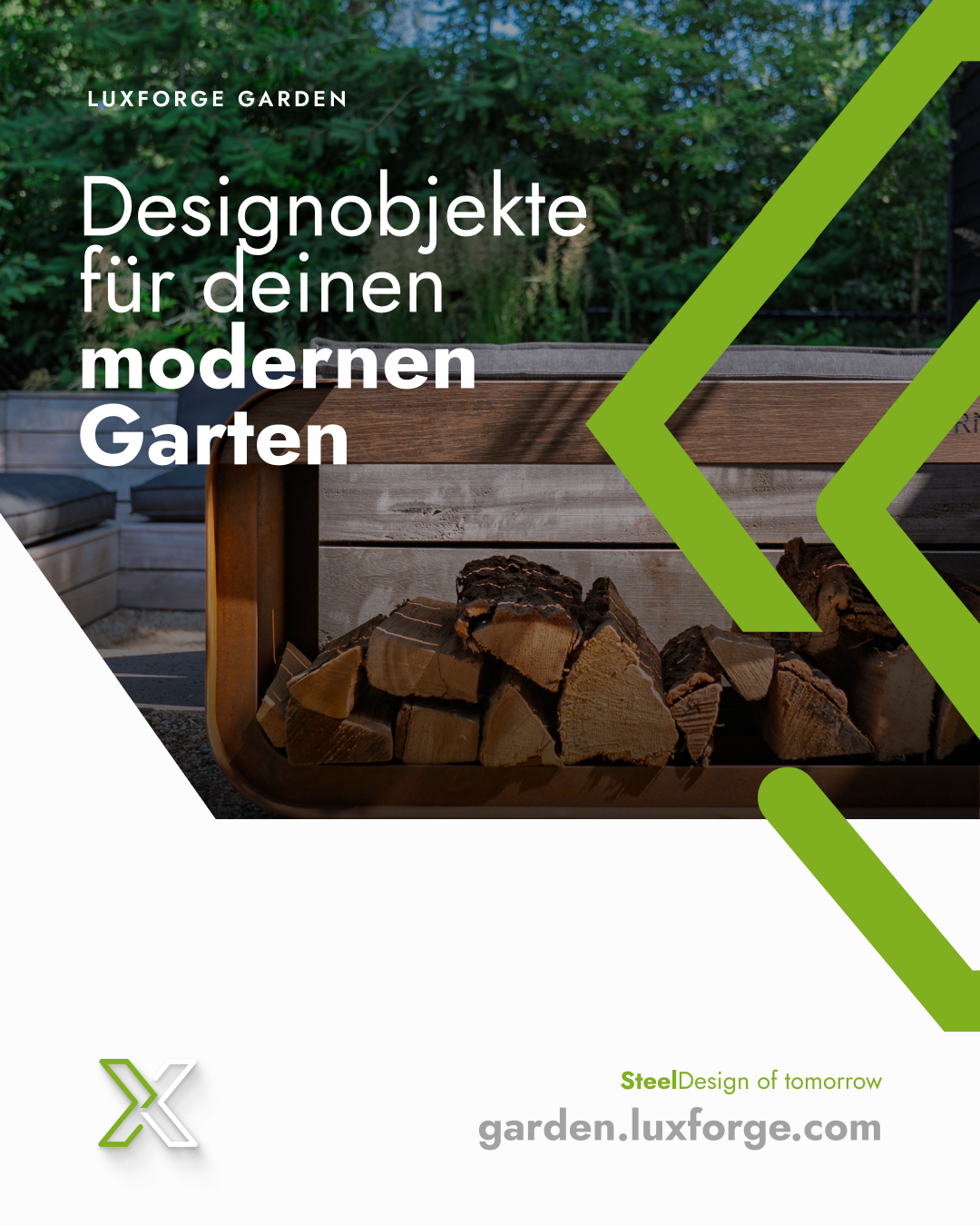 Luxforge Facebook ad: Holzlager aus Cortenstahl verbinden praktische…