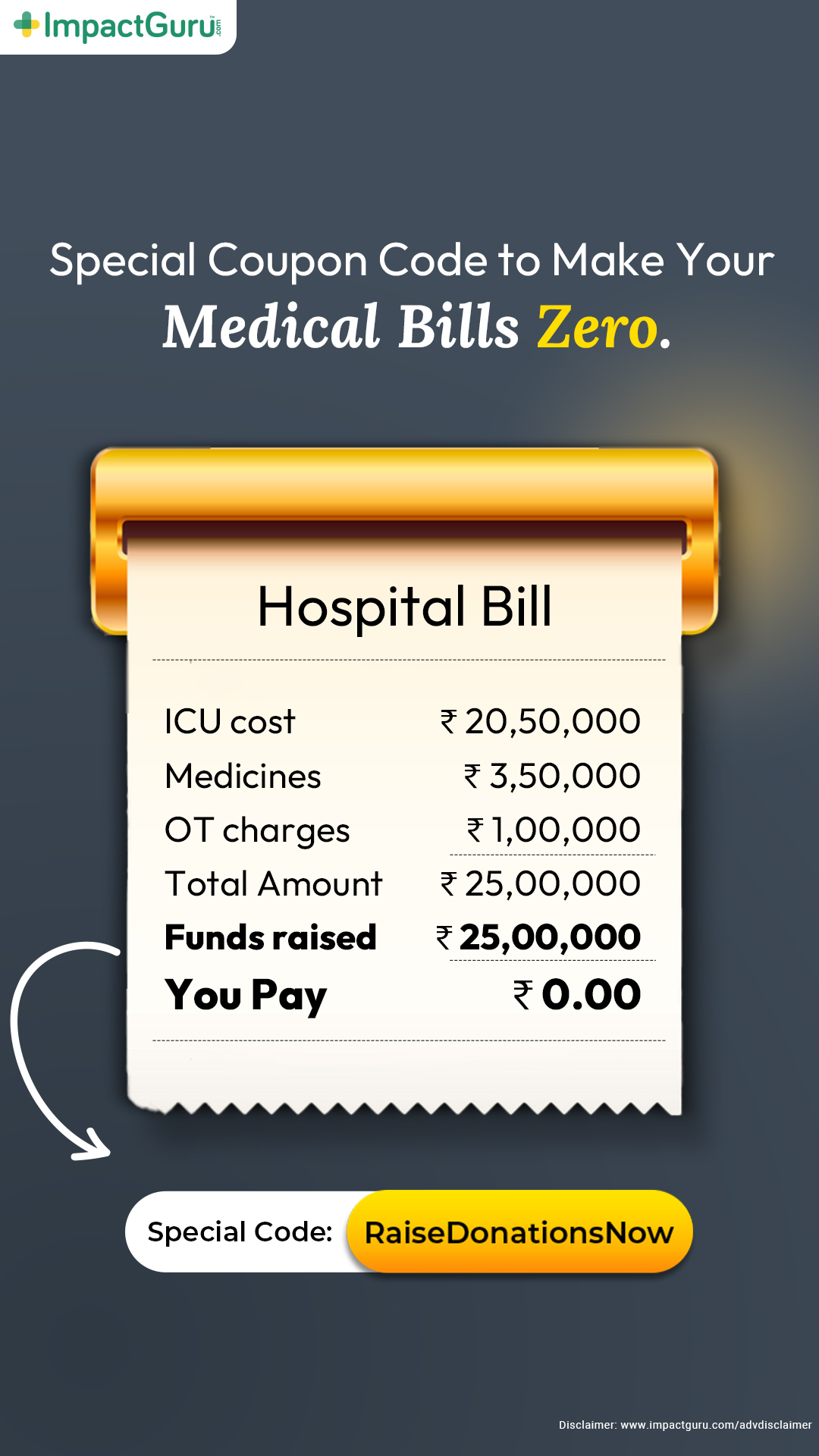 Impact Guru Facebook ad: Make Your Medical Bills ZERO. Know How!