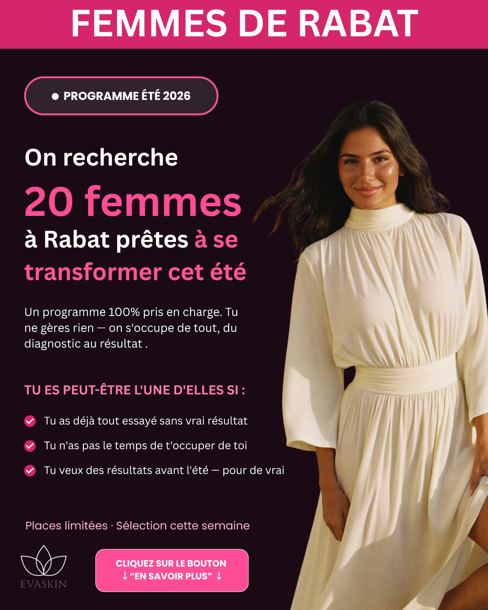 Evaskin Facebook ad: 24 séances · Résultat garanti · 2000 DH