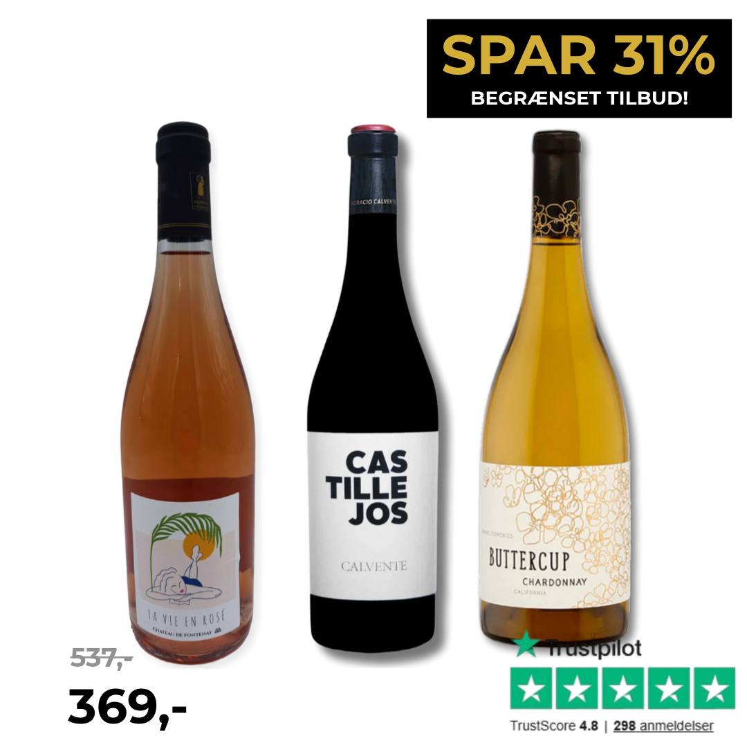 Whiskystack.com Facebook ad: Tilbud: Buttercup Chardonnay, Castillejos & La Vie en Rosé