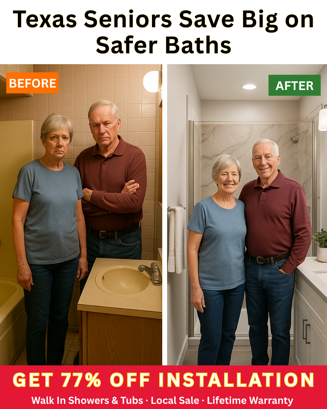 Five Star Bath Solutions Facebook ad: Seniors Save 77% On New Shower/Tub Installation